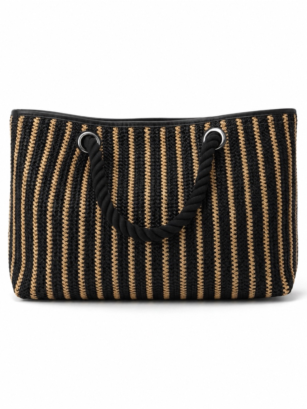 Talbots Faux Straw Weave Tote Bag Black & Tan Stripes Leather Trim Rope Handles